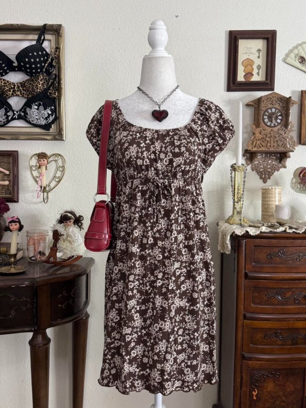 Fairy grunge whimsical floral brown and white milkmaid babydoll dress